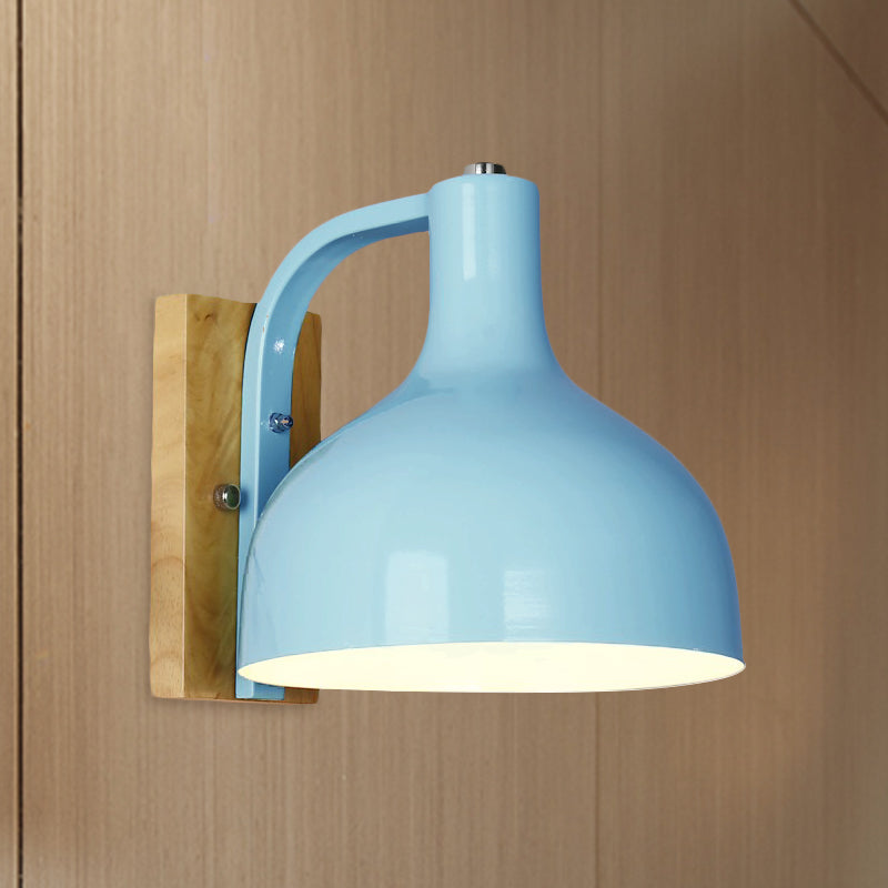 Contemporary Dome Shade Metal Wall Light With Wooden Backplate In White/Pink Blue
