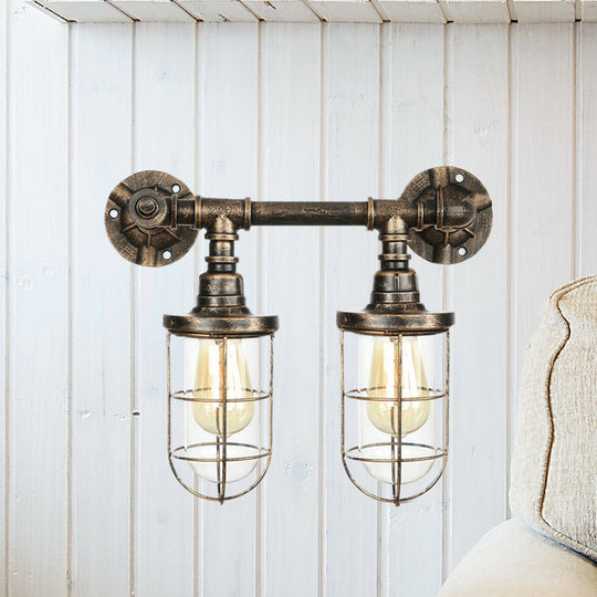 Farmhouse Wire Guard Wall Lamp - Vintage Brass Wrought Iron Sconce With Valve Wheel Design 2 Bulbs
