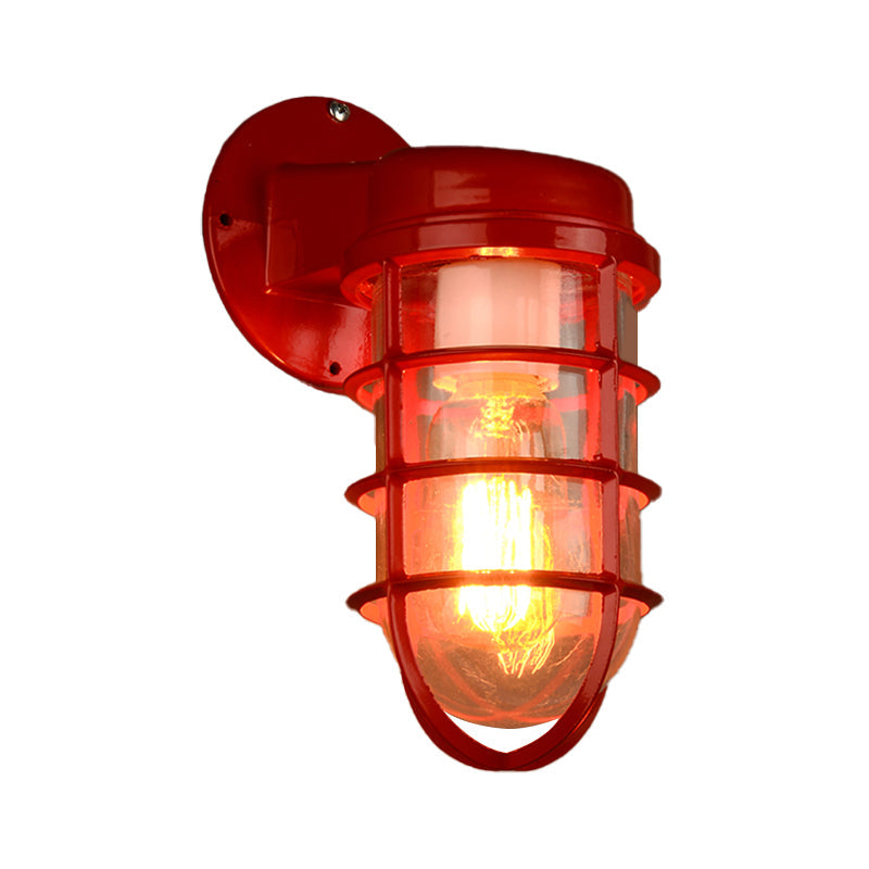 Coastal Red/Blue Metal Caged Wall Mounted Light Fixture With Clear Glass - Outdoor Lighting