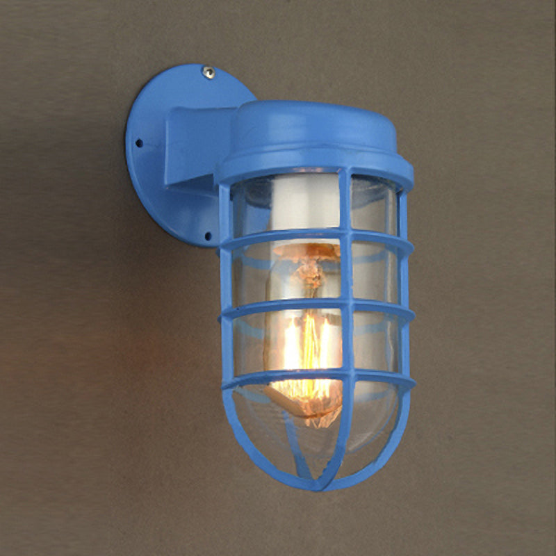 Coastal Red/Blue Metal Caged Wall Mounted Light Fixture With Clear Glass - Outdoor Lighting Blue