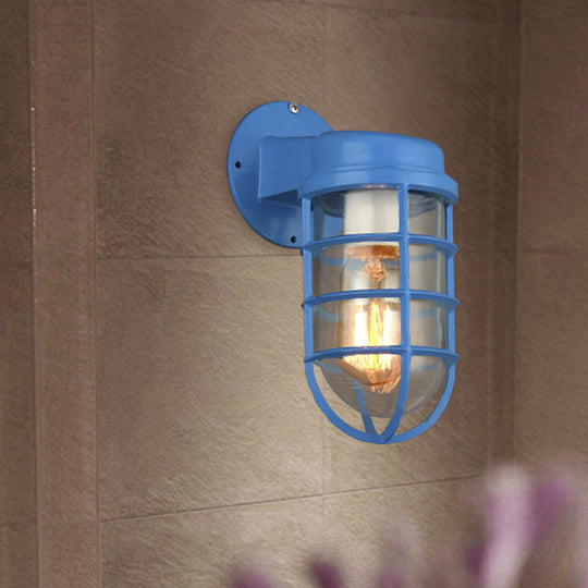 Coastal Red/Blue Metal Caged Wall Mounted Light Fixture With Clear Glass - Outdoor Lighting