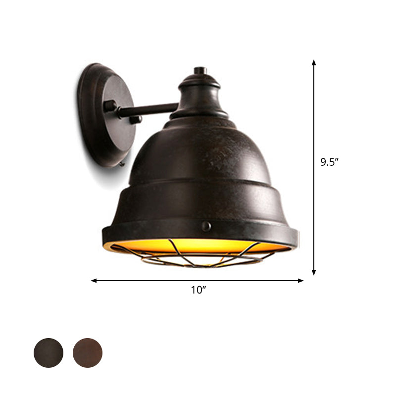 Vintage Industrial Wall Lamp With Dome Shade And Wire Guard In Black/Copper Finish