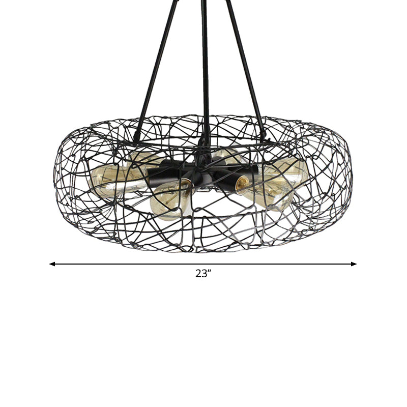 Mesh Screen Drum Ceiling Light Fixture: Industrial Black Metal Chandelier Lamp (6 Lights)