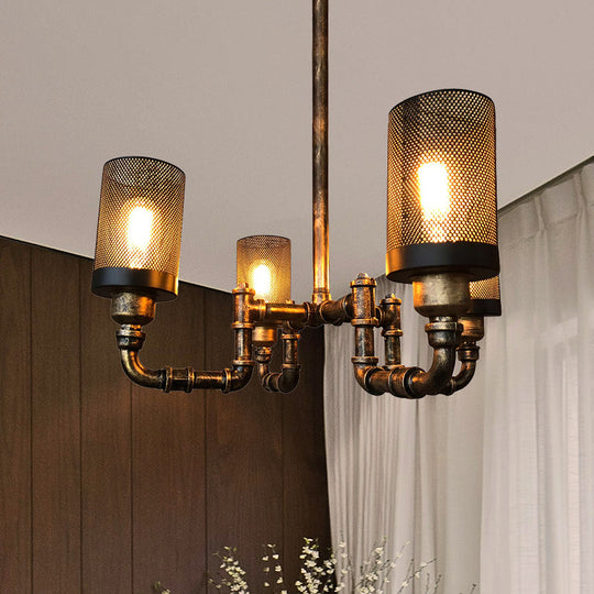 Vintage Bronze Cylinder Chandelier Lamp - 4 Bulbs Mesh Screen Iron Hanging Pendant Light