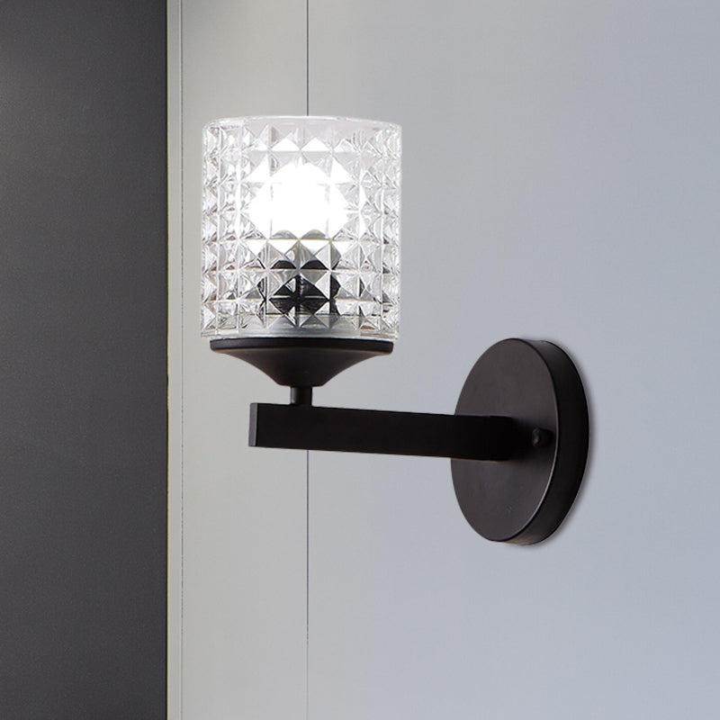 Modern Cylinder Clear Textured Glass Wall Sconce Light Single Bulb Bedroom Black/Silver Black