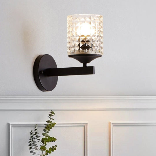 Modern Cylinder Clear Textured Glass Wall Sconce Light Single Bulb Bedroom Black/Silver