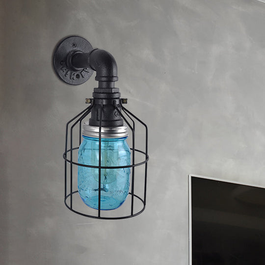 Industrial Style Wire Cage Wall Sconce With Blue/Clear Glass Jar Shade And 1 Bulb - Perfect For