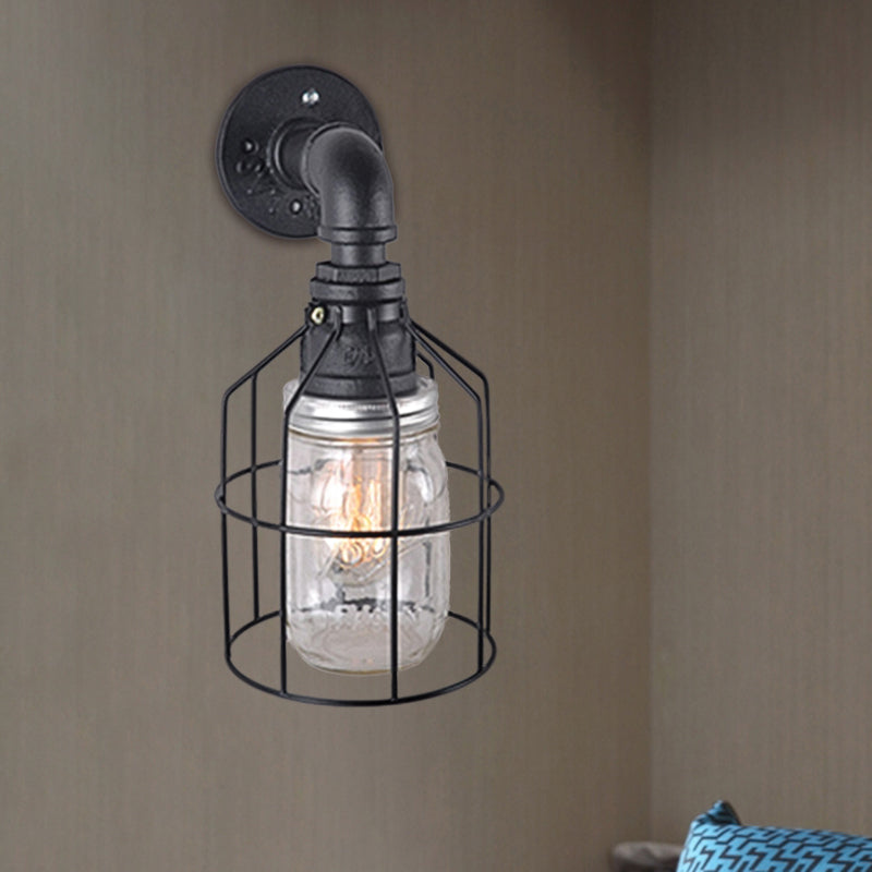 Industrial Style Wire Cage Wall Sconce With Blue/Clear Glass Jar Shade And 1 Bulb - Perfect For
