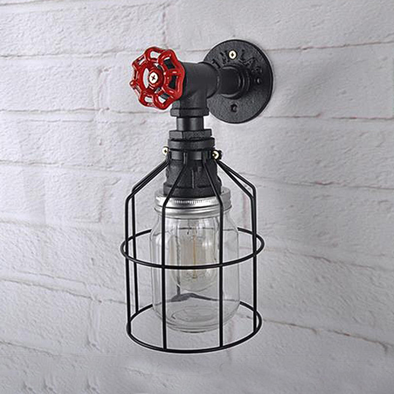 Vintage Caged Wall Light With Inner Jar Shade And Red Valve Glass Sconce Lighting In Blue/Clear