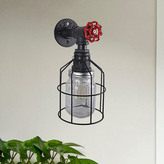 Vintage Caged Wall Light With Inner Jar Shade And Red Valve Glass Sconce Lighting In Blue/Clear