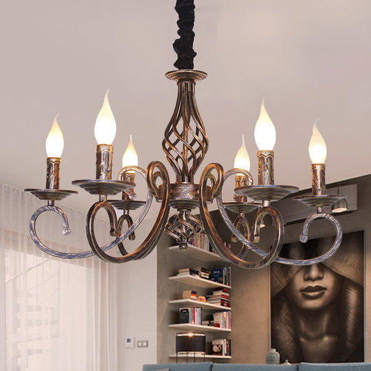 Vintage Candle Chandelier Lamp - Stylish 6 Bulbs Wrought Iron Hanging Lighting In Bronze