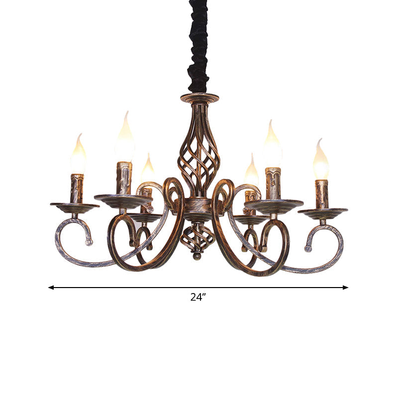 Vintage Candle Chandelier Lamp - Stylish 6 Bulbs Wrought Iron Hanging Lighting In Bronze