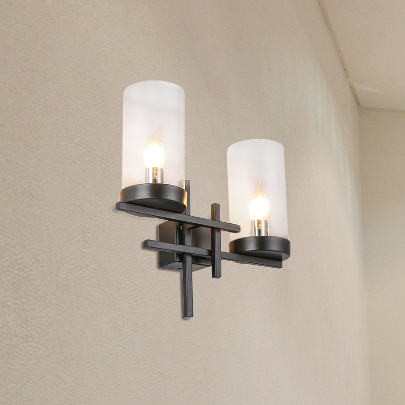 Vintage Black 2-Light Sconce: Clear Glass Cylinder Lighting Fixture - Ideal For Corridor