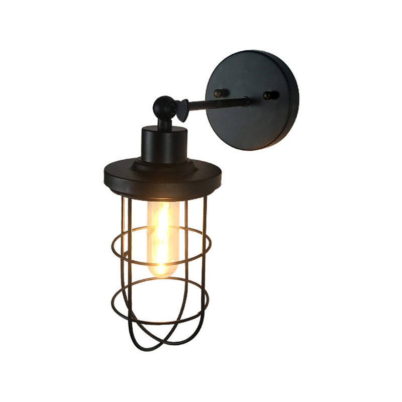 Black Retro Style Cylinder/Oval Caged Wall Mount Light - Metallic Mini Lighting With 1 Head