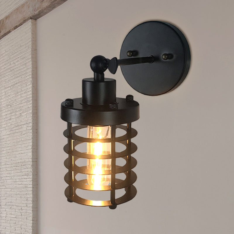 Black Retro Style Cylinder/Oval Caged Wall Mount Light - Metallic Mini Lighting With 1 Head /