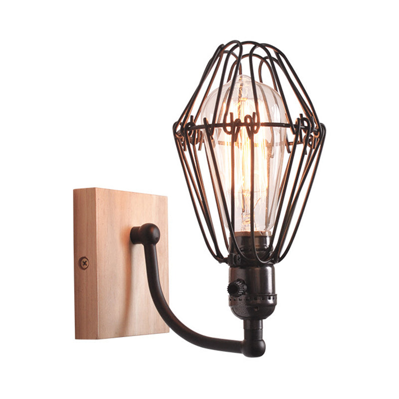 Antique Style Caged Wrought Iron Wall Lamp With Wooden Backplate - 1 Bulb Lighting In Black