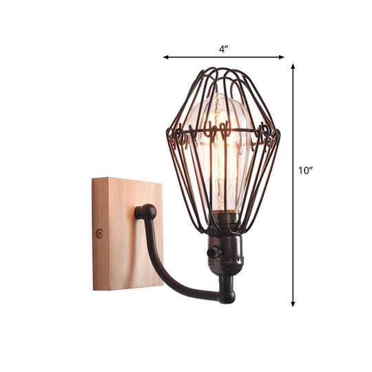 Antique Style Caged Wrought Iron Wall Lamp With Wooden Backplate - 1 Bulb Lighting In Black