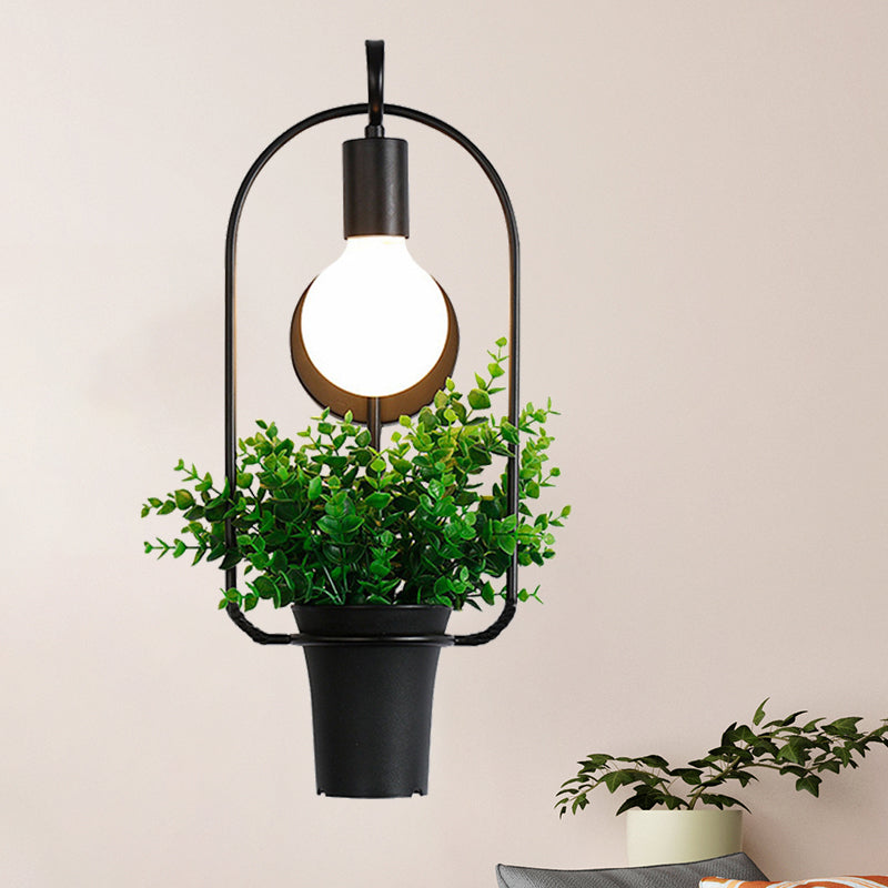 Metal Wall Sconce With Lodge Style Pot Decoration | 1-Light Black Exposed Bulb Restaurant Lighting