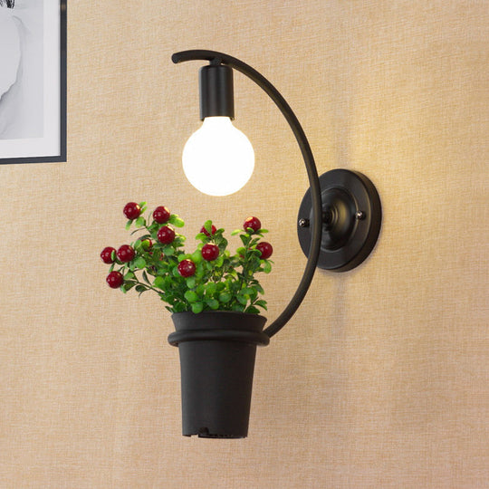 Metal Wall Sconce With Lodge Style Pot Decoration | 1-Light Black Exposed Bulb Restaurant Lighting