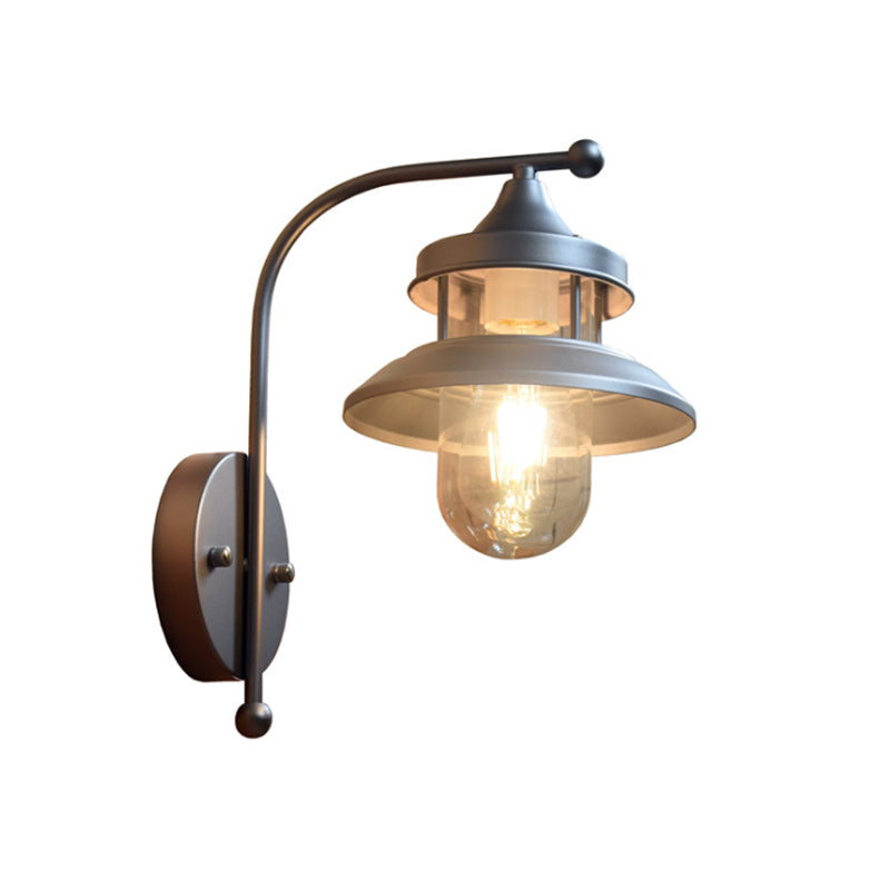Flared Wall Mount Light - Industrial Black/Silver Metal Lighting With Clear Glass Shade For Corridor