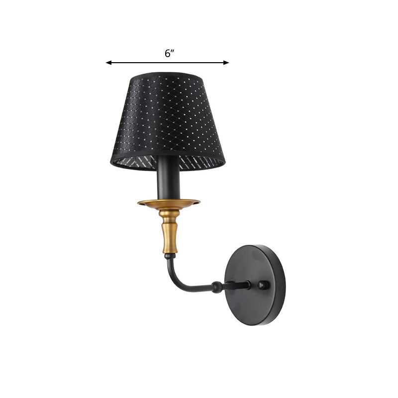 Industrial Style Black Fabric Sconce Lamp For Corridor - Tapered Head With Hollow Design 1 Light