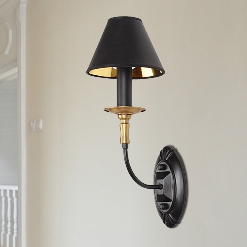 Industrial Style Black Wall Light With Fabric And Metal Cone Shade For Bedroom 1 /