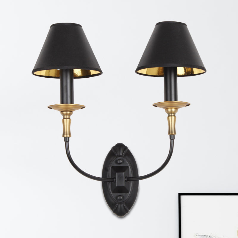 Industrial Style Black Wall Light With Fabric And Metal Cone Shade For Bedroom 2 /