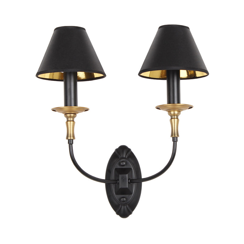 Industrial Style Black Wall Light With Fabric And Metal Cone Shade For Bedroom