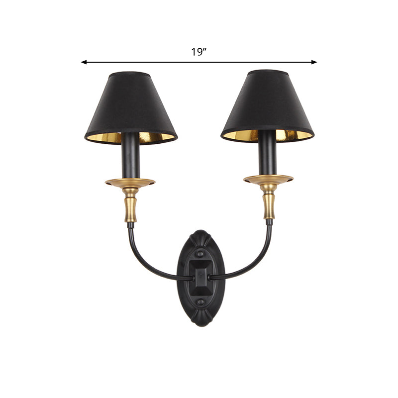 Industrial Style Black Wall Light With Fabric And Metal Cone Shade For Bedroom