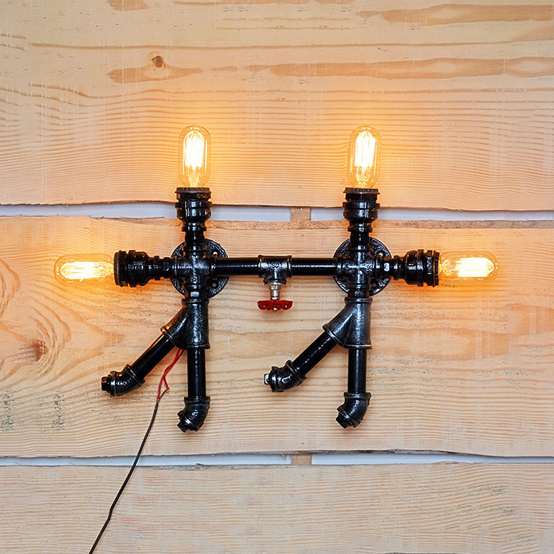 Industrial Style Water Pipe Wall Sconce Lamp With Open Bulb Set Of 4 Black