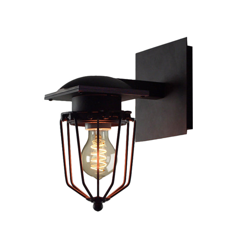 Metallic Industrial Retro Black Wall Mount Sconce Lighting - 1 Bulb With Cage Shade For Corridors