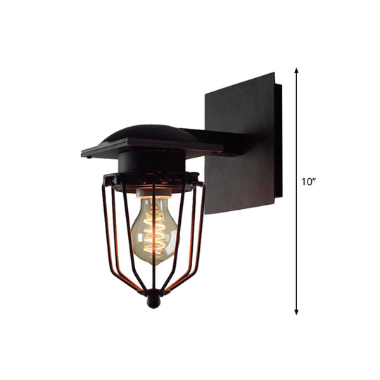Metallic Industrial Retro Black Wall Mount Sconce Lighting - 1 Bulb With Cage Shade For Corridors