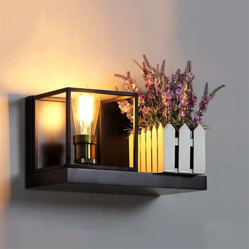 Industrial Metal Bedside Wall Sconce Light - Square Black Fixture With One