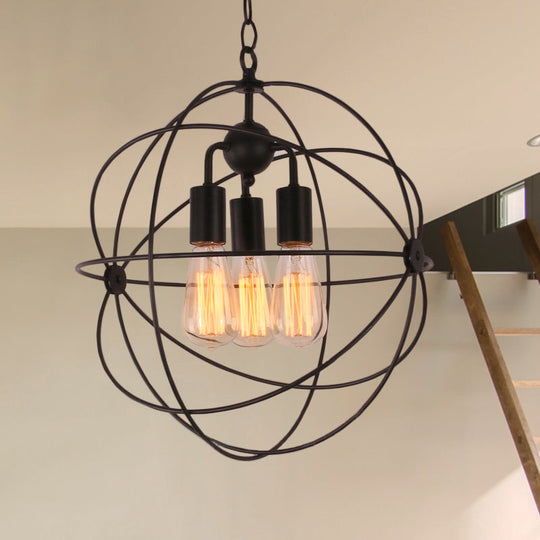 Industrial Style Metal Pendant Light with Wire Globe Shade - 3 Bulb Hanging Lamp for Restaurants, Black