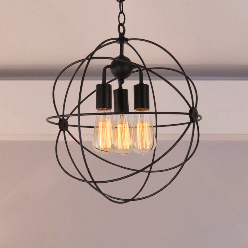 Industrial Wire Globe Pendant Light With Metal Shade And 3 Bulbs - Black