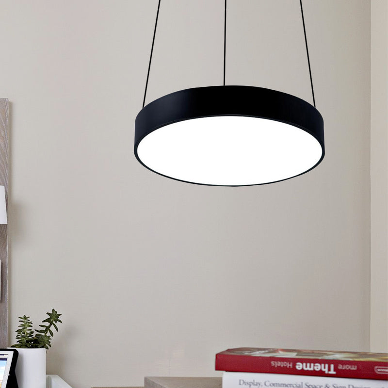 Contemporary LED Metal Drum Pendant Lighting: 12"/18"/23.5" Wide, White/Black Ceiling Lamp with White/Warm Light