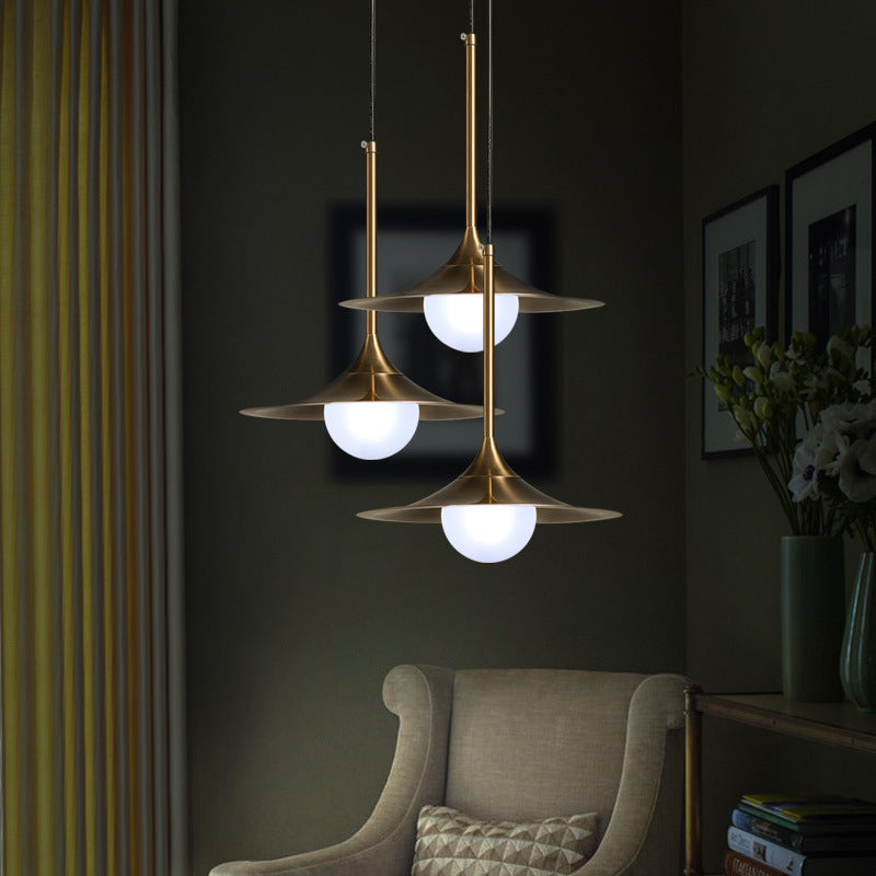 Contemporary Trumpet Hanging Light - Brass Pendant For Hallway With Glass Shade