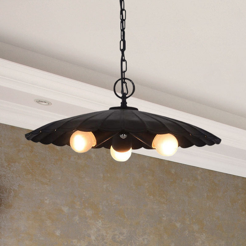 Rustic Industrial Scalloped Pendant Lighting - 3 Bulbs, Black Iron Chandelier for Living Room
