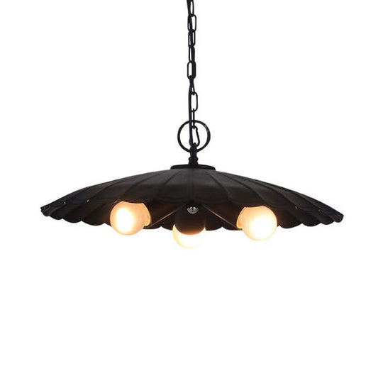Rustic Industrial Scalloped Pendant Lighting - 3 Bulbs, Black Iron Chandelier for Living Room