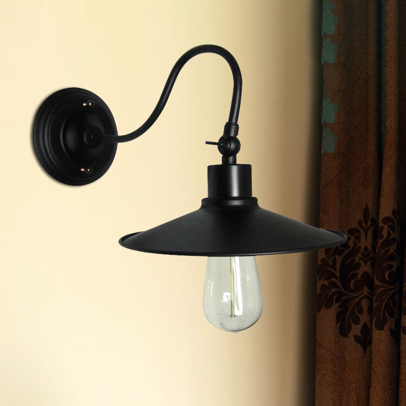 Industrial Black Wall Mount Light With Flared Metal Shade And Gooseneck Design / 1