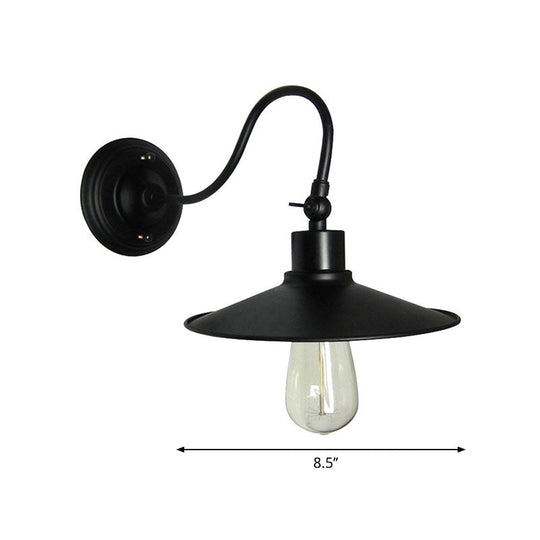 Industrial Black Wall Mount Light With Flared Metal Shade And Gooseneck Design