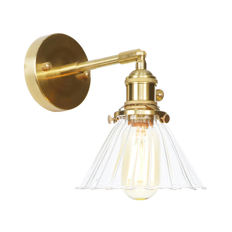 Single Light Vintage Cone Shade Wall Mount With Clear Ruffle Glass - Elegant Lighting
