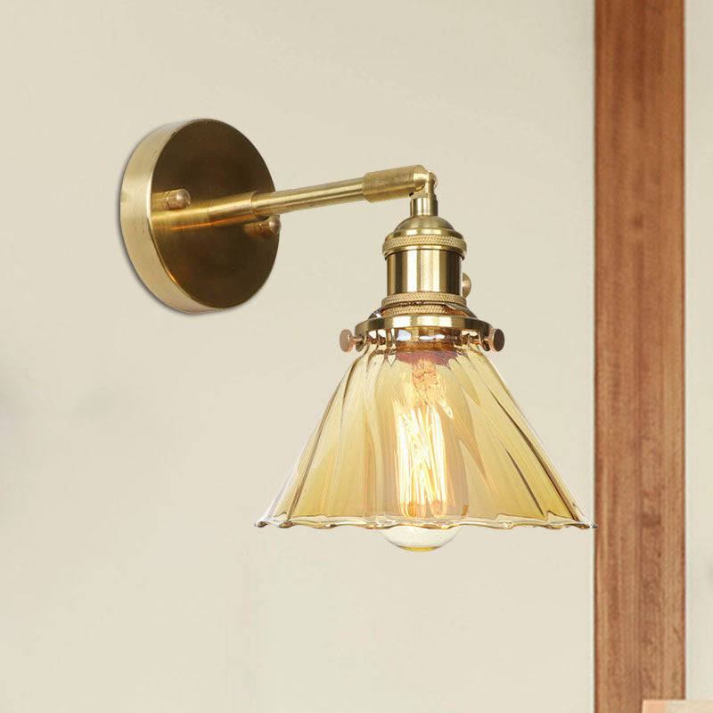 Adjustable Industrial Vintage Cone Wall Lamp With Amber Ruffle Glass - 1 Light Sconce /
