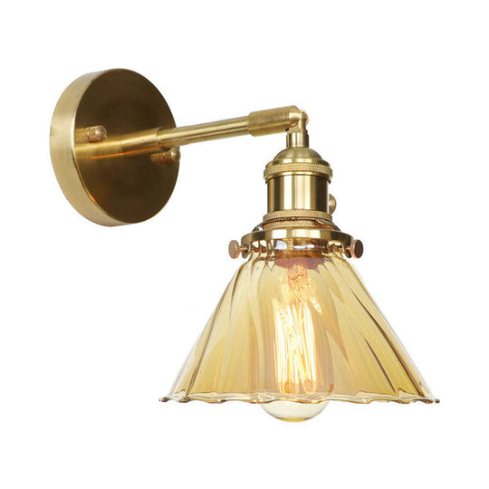 Adjustable Industrial Vintage Cone Wall Lamp With Amber Ruffle Glass - 1 Light Sconce