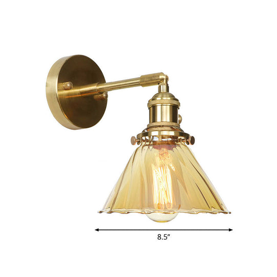 Adjustable Industrial Vintage Cone Wall Lamp With Amber Ruffle Glass - 1 Light Sconce