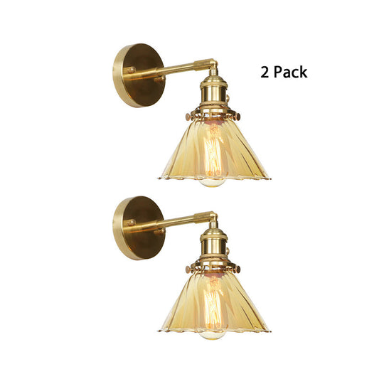 Adjustable Industrial Vintage Cone Wall Lamp With Amber Ruffle Glass - 1 Light Sconce / 2