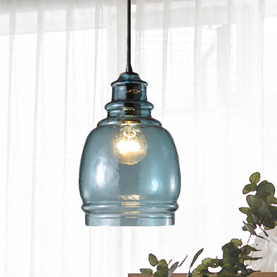 Modern Blue Glass Pendant Light - Wide Masion Jar Globe/Drum Design (1 Light)