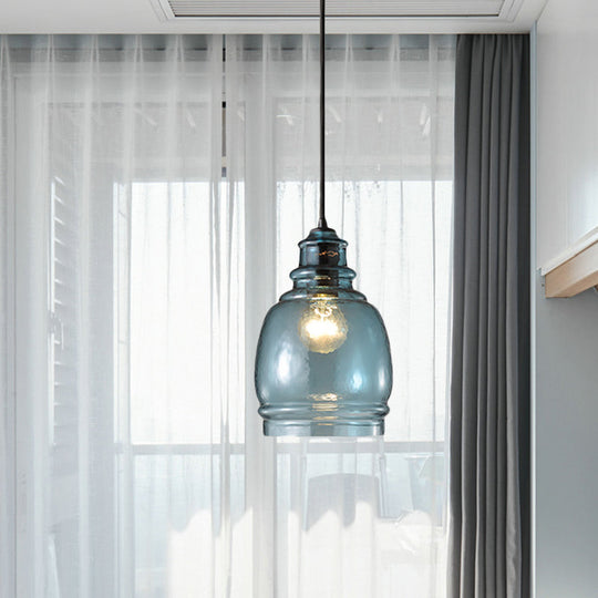 Modern Blue Glass Pendant Light - Wide Masion Jar Globe/Drum Design (1 Light)