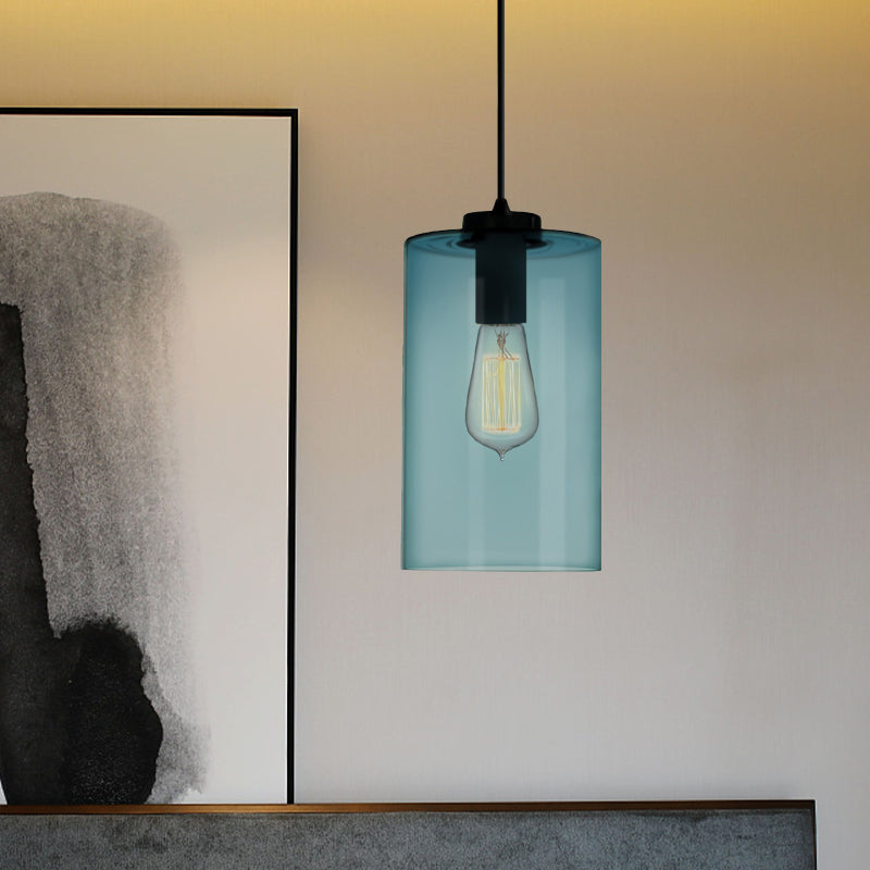 Modern 1 Light Blue Glass Pendant Lamp, Black Ceiling Pendant Light