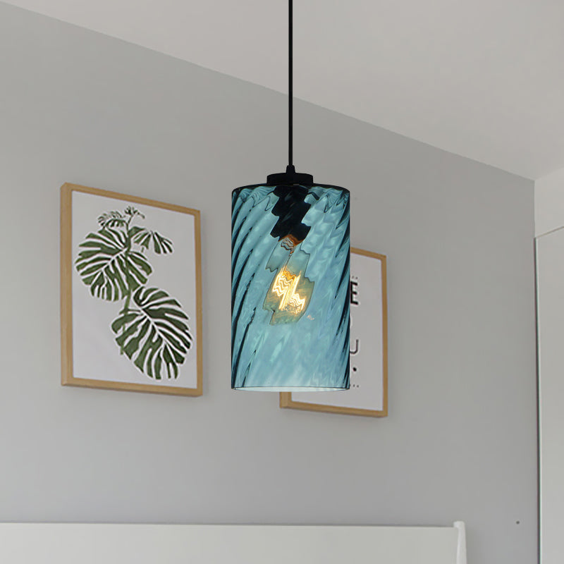 Modernist Blue Glass Pendant Light with Lattice Design and Ceiling Hung Suspension